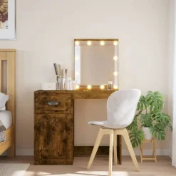 vidaXL Sminkbord>Sminkbord med LED-lampor rökfärgad ek 90x42x132,5 cm