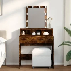 vidaXL Sminkbord>Sminkbord med LEDs rökfärgad ek 80x41x144,5 cm