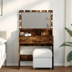 vidaXL Sminkbord>Sminkbord med LEDs rökfärgad ek 80x41x134,5 cm