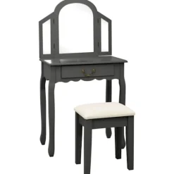 vidaXL Sminkbord>Sminkbord med pall grå 65x36x128 cm kejsarträ MDF