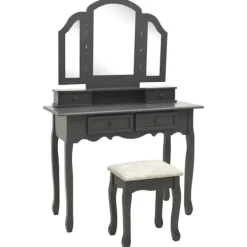 vidaXL Sminkbord>Sminkbord med pall grå 100x40x146 cm paulowniaträ