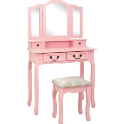 vidaXL Sminkbord>Sminkbord med pall rosa 80x69x141 cm paulowniaträ