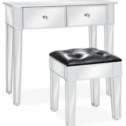 vidaXL Sminkbord>Sminkbord med pall spegellådor MDF och glas