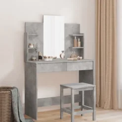vidaXL Sminkbord>Sminkbord med spegel betonggrå 96x39x142 cm