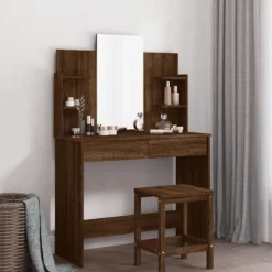 vidaXL Sminkbord>Sminkbord med spegel brun ek 96x39x142 cm