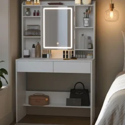 Vasagle Sminkbord>Sminkbord med spegel och justerbar LED-belysning - Vit