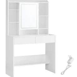 Vasagle Sminkbord>Sminkbord med spegel och justerbar LED-belysning - Vit