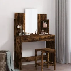 vidaXL Sminkbord>Sminkbord med spegel rökfärgad ek 96x39x142 cm