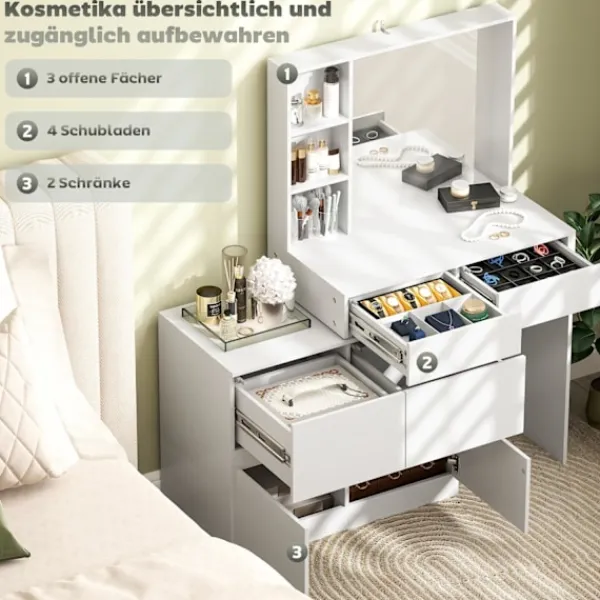 Northio Sminkbord>Sminkbord med spegel, tryckbara mekanismer, mångsidiga monteringsmöjligheter, sminkbord med 4 lådor, 3 öppna hyllor och 2 skåp, vit Aosom