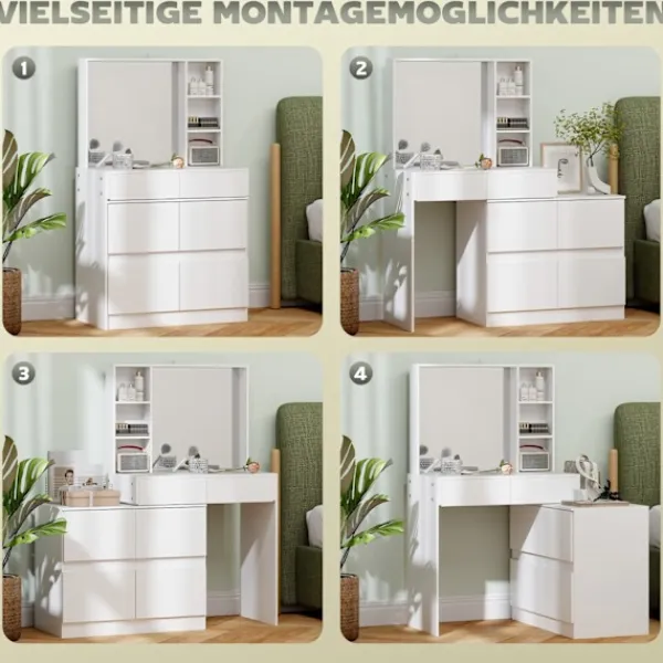 Northio Sminkbord>Sminkbord med spegel, tryckbara mekanismer, mångsidiga monteringsmöjligheter, sminkbord med 4 lådor, 3 öppna hyllor och 2 skåp, vit Aosom