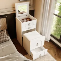 Sminkbord>Sminkbord, multifunktionellt förvaringsbord, med spegel och LED-belysning