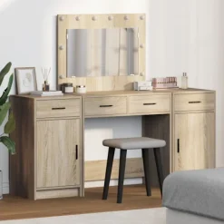 vidaXL Sminkbord>Smyckebord med spegelbelysning 3 pcs Brun Konstruerat trä