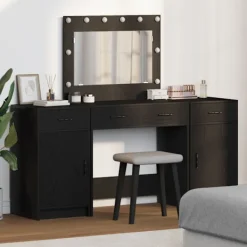 vidaXL Sminkbord>Smyckebord med spegelbelysning 3 pcs Svart Konstruerat trä