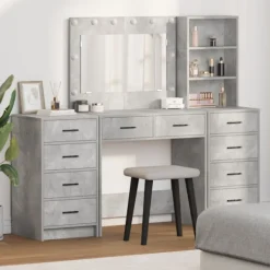 vidaXL Sminkbord>Smyckebord med spegelbelysning 3 pcs Betonggrå Konstruerat trä
