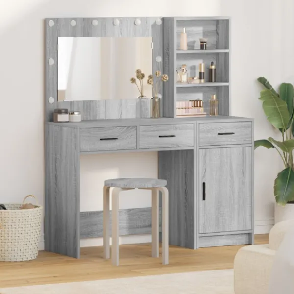 vidaXL Sminkbord>Smyckebord med spegelbelysning 2 pcs Grå Konstruerat trä