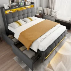 Sängar>Säng 140x200 - med LED/USB & 4 lådor | Grå linne dubbelsäng | Förvaringssänggavel