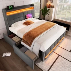 Sängar>Säng 140x200 - med LED/USB & 4 lådor | Grå linne dubbelsäng | Förvaringssänggavel