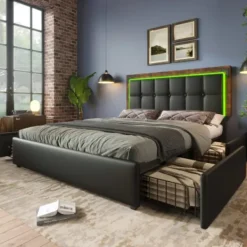 Sängar>Sängram med LED-ljusramp och 4 lådor, dubbelsäng klädd säng 160x200cm