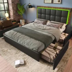 Sängar>Sängram med LED-ljusramp och 4 lådor, dubbelsäng klädd säng 160x200cm