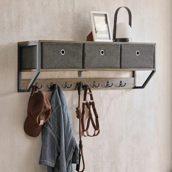 SoBuy Hyllor>Väggmonterad klädhängare med 1 hylla i träfärg 100x30x20cm, industriell FHK26-N