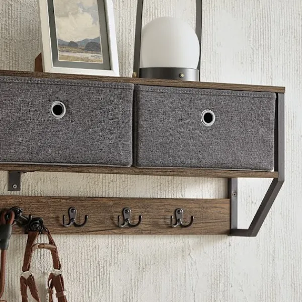 SoBuy Hyllor>Väggmonterad klädhängare med 1 hylla i träfärg 100x30x20cm, industriell FHK26-N