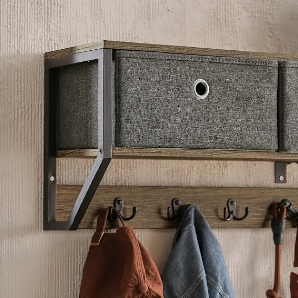 SoBuy Hyllor>Väggmonterad klädhängare med 1 hylla i träfärg 100x30x20cm, industriell FHK26-N