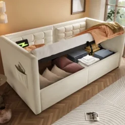 Soffor>Soffa säng 90x200 cm - klädd säng med förvaring & USB/Type-C - säng med träribbor - sammetsöverdrag - Utan madrass - platsbesparande & modern | Fyndiq