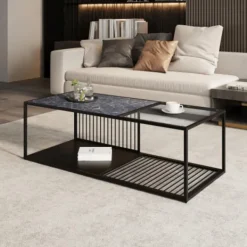 Soffbord>soffbord, smidesjärnssoffbord med glas, stort förvaringsutrymme