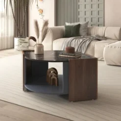 Soffbord>Soffbord, strukturerat soffbord av marmor och valnöt i kontrasterande färger. Vardagsrumsbord med unika linjer