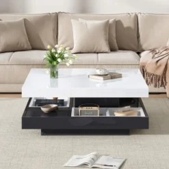 Soffbord>Soffbord 70x70x36cm med 360° roterande topp, 2-vånings funktionellt vardagsrumsbord, högblank vit & svart