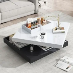 Soffbord>Soffbord 70x70x36cm med 360° roterande topp, 2-vånings funktionellt vardagsrumsbord, högblank vit & svart