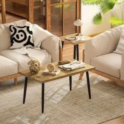 Northio Soffbord>Soffbordsset med 2 sidobord med stålstomme, vardagsrumsbord, soffbord för vardagsrum, sovrum, naturlig