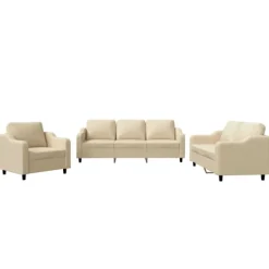 vidaXL Soffor>Soffgrupp med dynor 3 delar Gräddvit tyg
