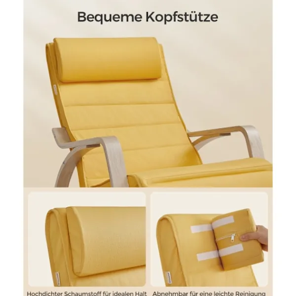 Pavil Fåtöljer>SONGMICS gungstol med armstöd, björkträ, gungstol 5-vägs justerbar, gul natur