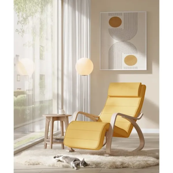 Pavil Fåtöljer>SONGMICS gungstol med armstöd, björkträ, gungstol 5-vägs justerbar, gul natur