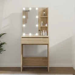 vidaXL Sminkbord>Spegelskåp med LED sonoma-ek 60x40x140 cm