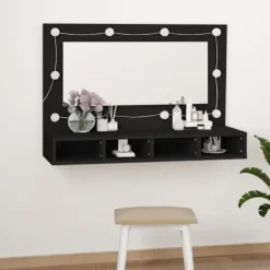 vidaXL Sminkbord>Spegelskåp med LED svart 90x31,5x62 cm