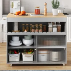 Köksö>Stor hopfällbar köksö vagn (122x46x91cm) med ekbänkskiva, glasskjutdörrar & justerbara hyllor – inkl. Handdukshållare