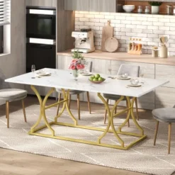 Matbord>Stort matbord 200x80cm, för upp till 10 personer, vattenresistent marmorlook med reptålig yta, guldfärgade metallben