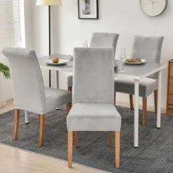 Matgrupper>Stretch Stolsöverdrag för Matsalsstolar, Stretch Spandex med Elastiskt Band Stolsöverdrag, Stora Sammet Matsalsstolsöverdrag (Ljusgrå)