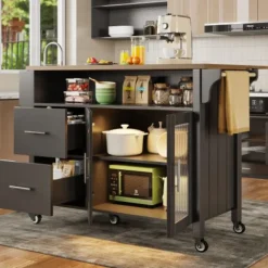 Köksö>Svart köksö med glasskåp & LED-belysning – multifunktionell serveringsvagn med arbetsyta och handdukshängare