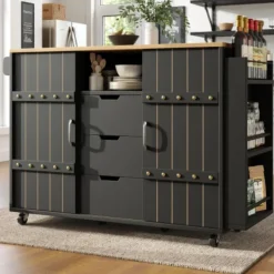 Köksö>Svart köksvagn med trästruktur – multifunktionell serveringsvagn med arbetsyta, kryddhylla och handdukshållare