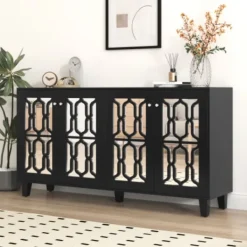 Sideboards>Svarta spegeldekorationer med coola kristallhandtag, fyra dörrar, med flyttbart laminat. För vardagsrum och matsal, 160 x 40 x 84 cm