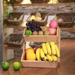 Hyllor>2-Tier Bamboo Fruit Basket Bread Basket Vegetable Storage Snack Stand for Kitchen and Office
