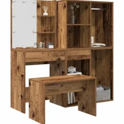 vidaXL Sminkbord>Toalettbordsset med LED gammalt trä konstruerat trä