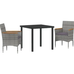 vidaXL Balkongmöbler>Trädgårdsmöbelset med kudde 3 pcs Grå konstrotting