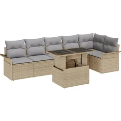 vidaXL Soffbord>Trädgårdsoffset med kudde med lagring 7 pcs Beige Poly rattan