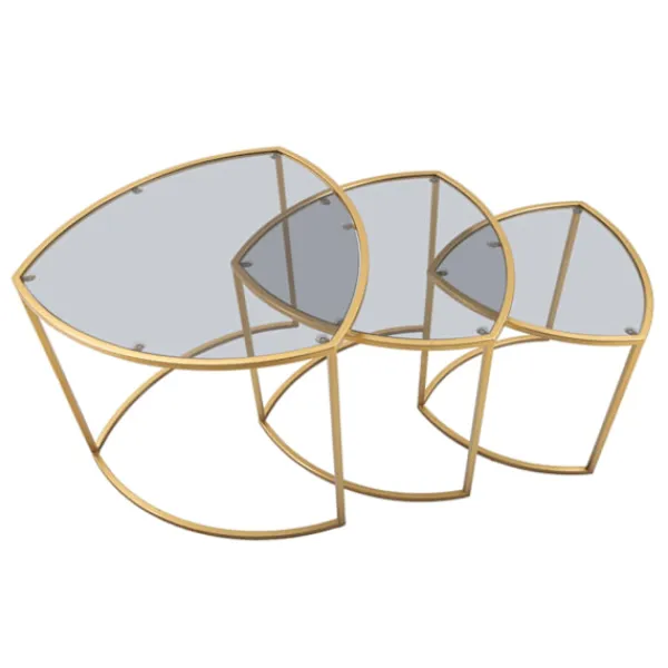 B2X Soffbord>Triangel soffbordsset – 3 delar, guldfärgad metall och glas