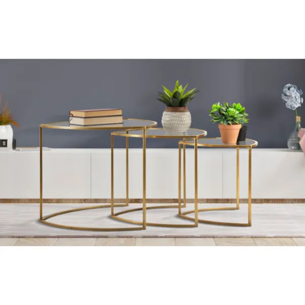 B2X Soffbord>Triangel soffbordsset – 3 delar, guldfärgad metall och glas