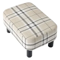 Pallar>Träpall rektangulär, pall, fotstöd, puff ottoman, fotpall med träfötter, vadderad sits av linne, ränder